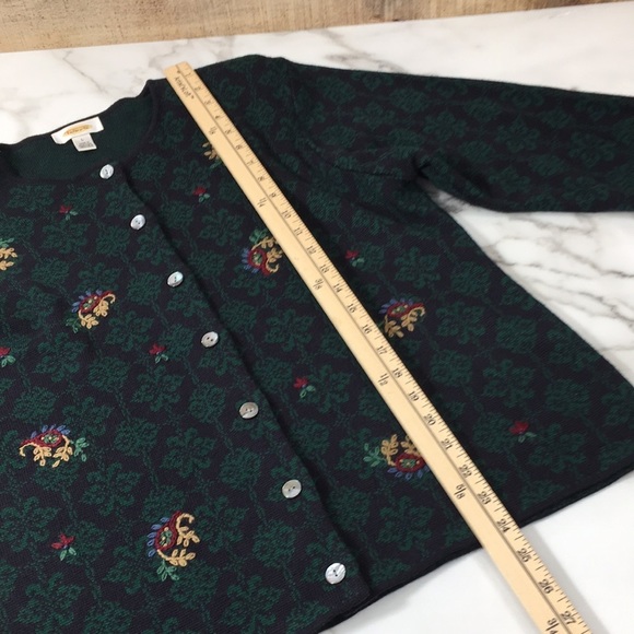 Talbots Vintage Black Green Damask Floral Cardigan Sweater Womens L Wool‎ Blend - Picture 11 of 12